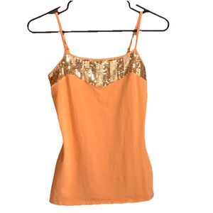 Vintage Express Tank Top Y2K Sequins Women's Size S Coral Stretch Fitted Preppy